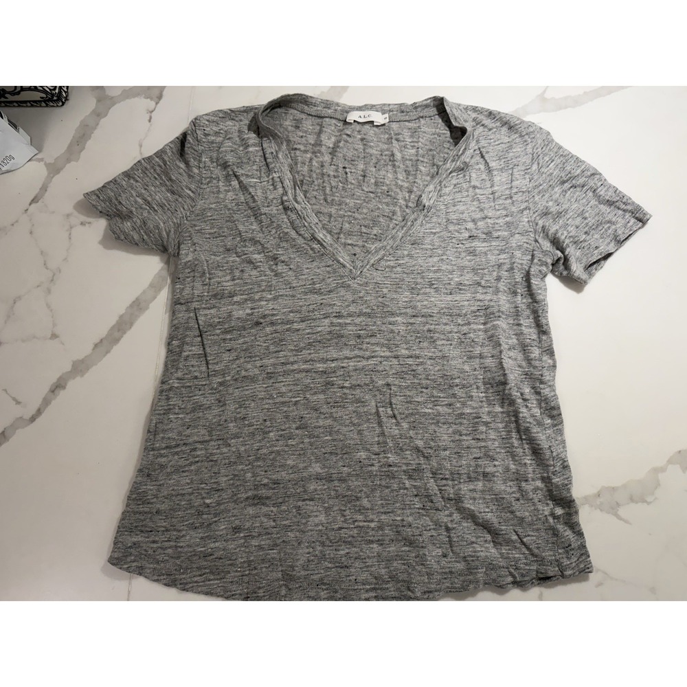 ALC 100% Linen V Neck Tee Shirt Sz XS Made In USA Capsule Minimalist Basics